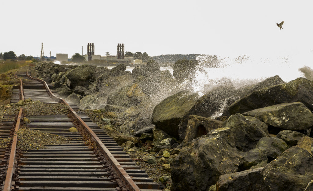 A photo of a seawall along Humboldt Bay